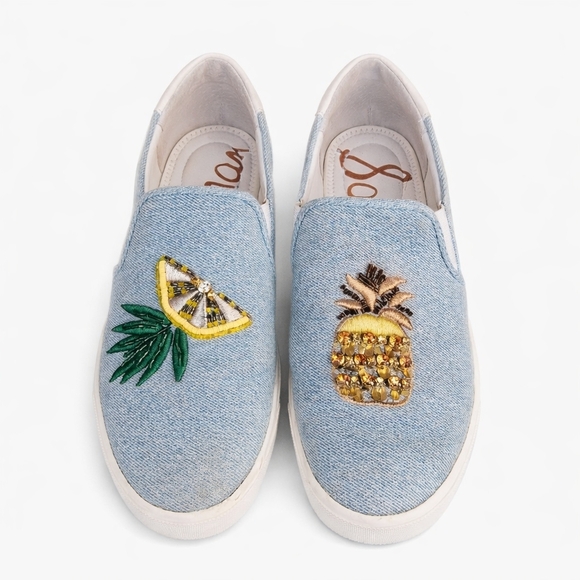 Sam Edelman Shoes - Sam Edelman Evalina Denim Slip On Sneakers Pineapple Lemon Embroidered Flats